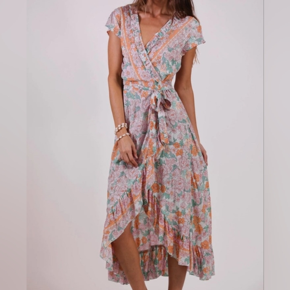 Sea Lustre Floral Wrap Midi Dress in Pink and Orange